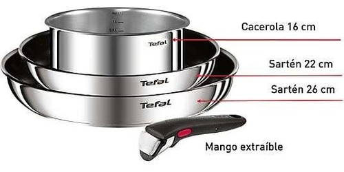 TEFAL INGENIO L881S INOX - Set de Sartenes 22 y 26cm + Cazo 16cm + Mango Extraíble