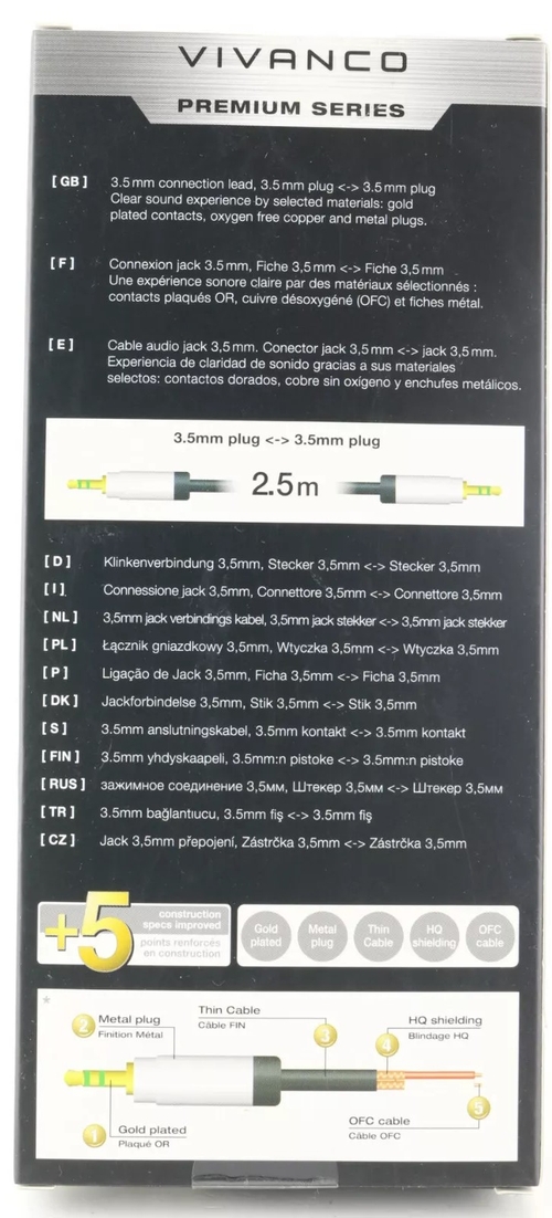 VIVANCO JACK 3.5MM PREMIUM 41201 Negro - Cable 2.5 m