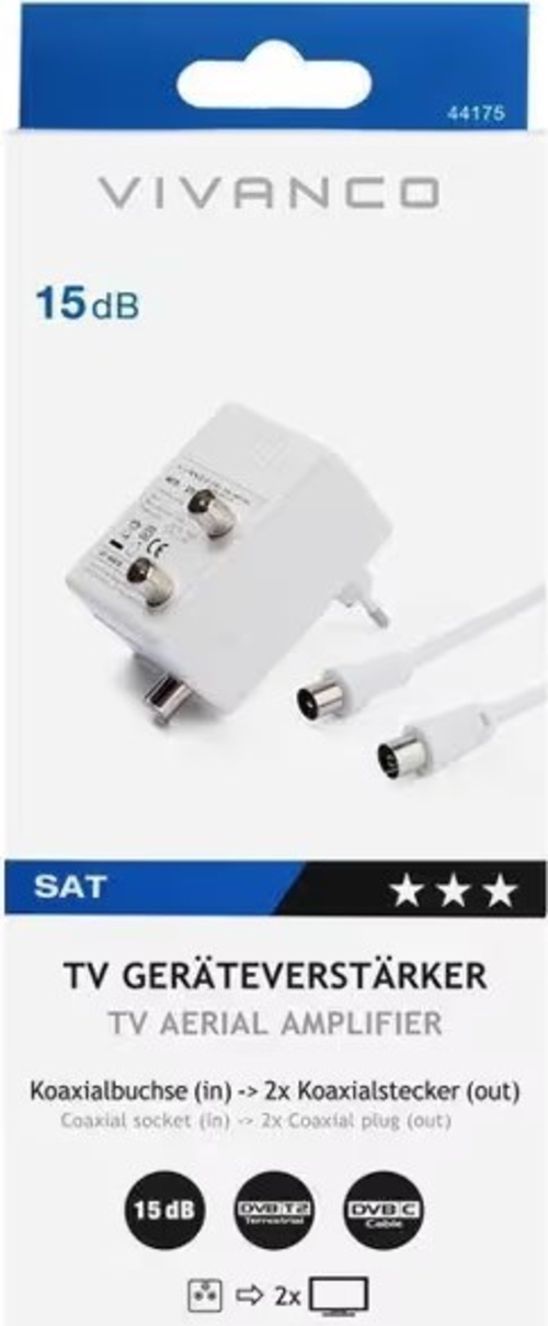 VIVANCO 2x1 44175 Blanco - Amplificador de Antena 15dB