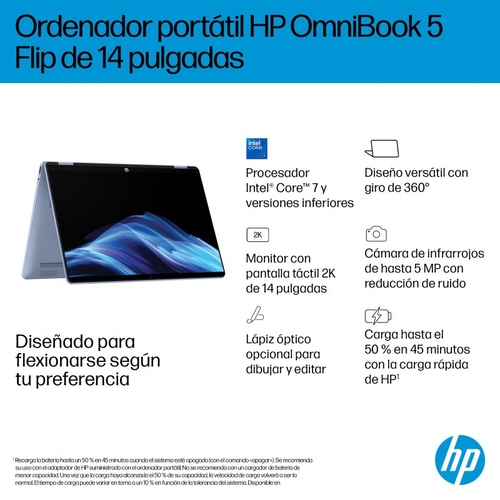 HP 5 FLIP X360 14-FP0055NS Azul - Ordenador Portátil OMNIBOOK 14" 16GB 1TB