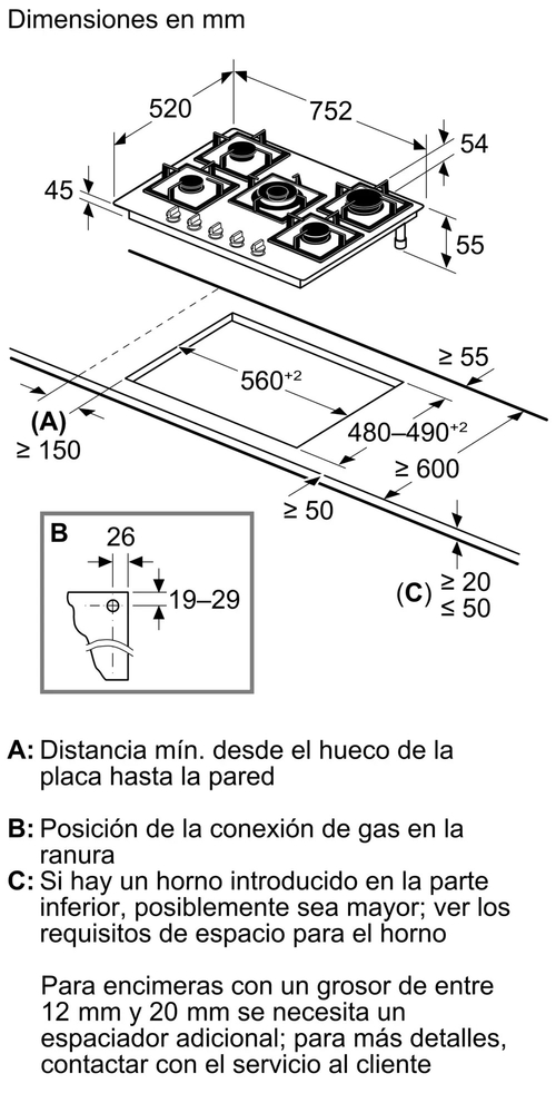 BOSCH PPQ7A6I40 Negro - Placa de Gas 75 CM Gas Natural