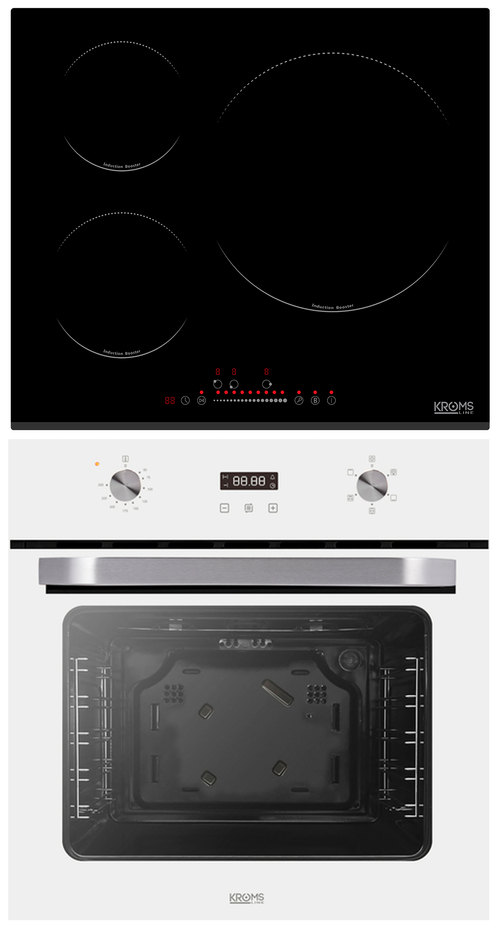 KROMSLINE KVI-3FI-B3 + KHCR-205-W-S - Conjunto Vitrocerámica de Inducción + Horno Cristal Blanco