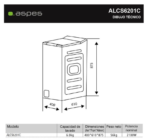 ASPES ALCS6201C Blanco - Lavadora Carga Superior 6KG 1200RPM
