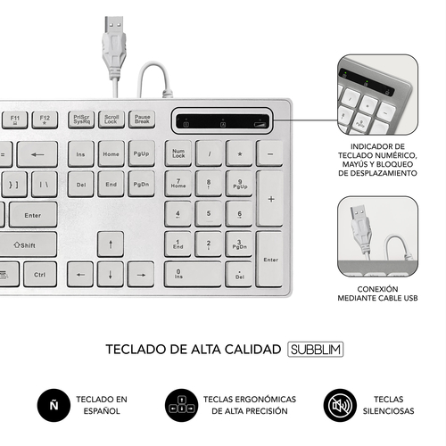 SUBBLIM Ergonómico Con Cable USB - Teclado Plata/Blanco