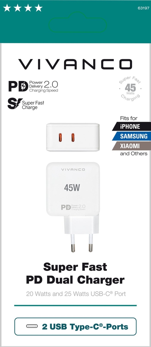 VIVANCO SF-USB-C2 Blanco - Cargador 20W+25W