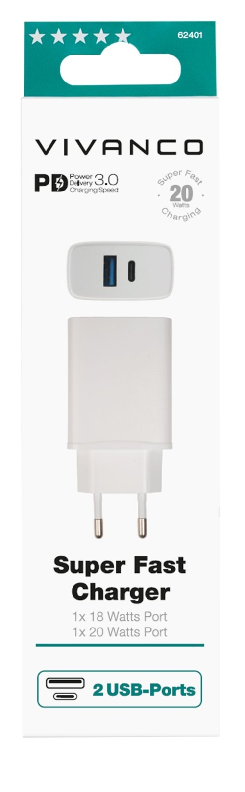 VIVANCO 62401 DUAL USB - Cargador Pared 20W