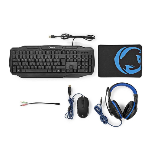 Nedis Teclado + Auriculares + Ratón + Alfombrilla Azul-Negro - Pack Gaming 4 en 1