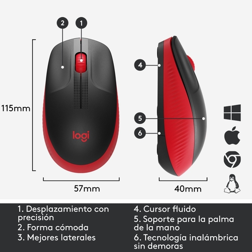 LOGITECH M190 Negro-Rojo - Ratón Inalámbrico