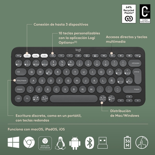 LOGITECH PEBBLE 2 TONAL Grafito - Teclado + Ratón
