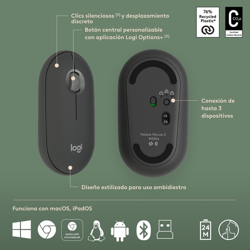 LOGITECH PEBBLE 2 TONAL Grafito - Teclado + Ratón