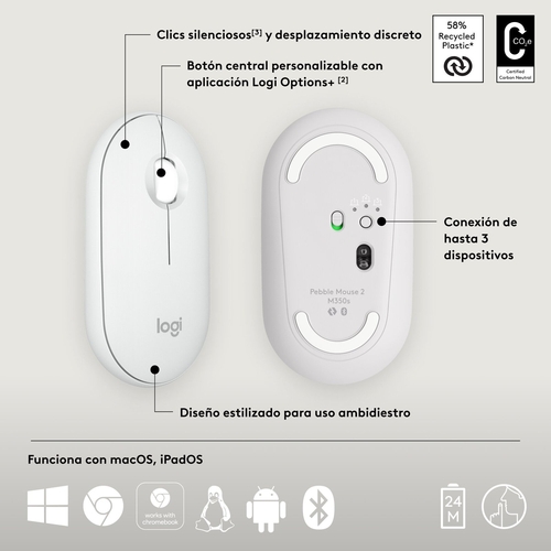 LOGITECH PEBBLE MOUSE 2 M350S Blanco - Ratón Inalámbrico