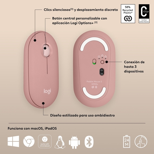 LOGITECH PEBBLE 3 M350S Rosa - Ratón Inalámbrico