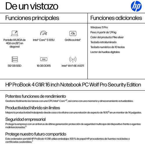 HP PROBOOK 4 G1IR I5-120U Plata - Ordenador Portátil 16" 16GB 512GB