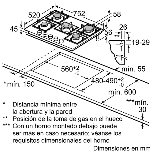 BOSCH PPQ7A6I40 Negro - Placa de Gas 75 CM Gas Natural
