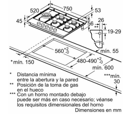 Placa de Gas BOSCH PCS7A5B90 Inox  75cm Butano/Natural