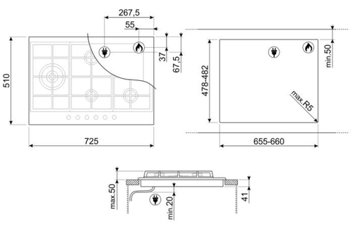 Placa de Gas SMEG PX375L Natural 5 Fuegos