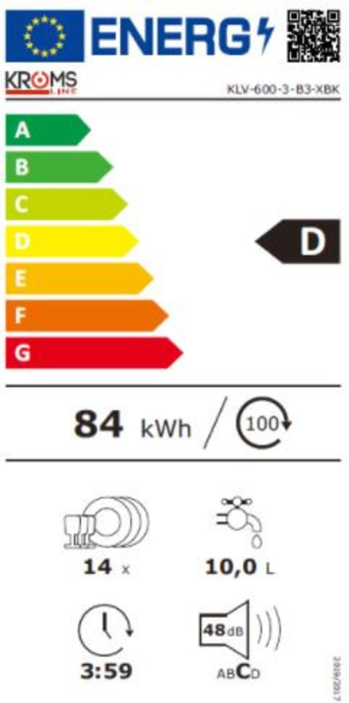 Lavavajillas 60CM KROMSLINE KLV-600-3-B3-XBK Blanco 14 Servicios