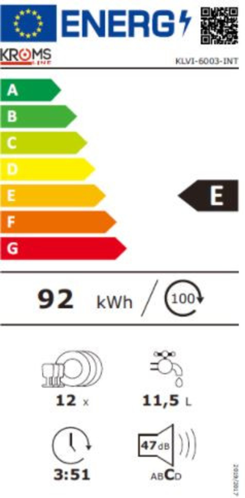 Lavavajillas 60CM KROMSLINE KLVI-6003-INT Integrable 12 Servicios