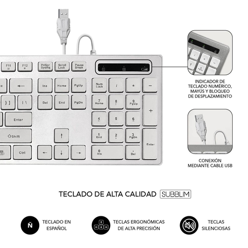 Teclado SUBBLIM Ergonómico Con Cable USB Plata/Blanco