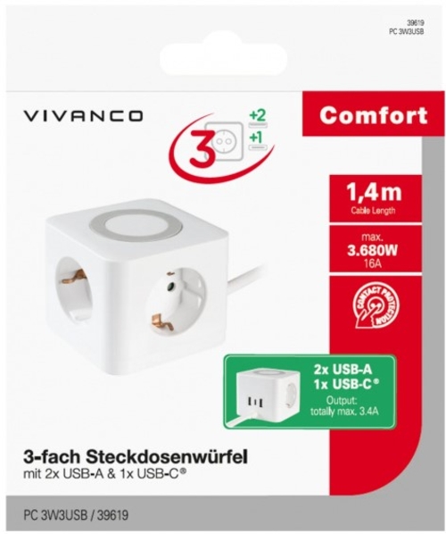 Adaptador VIVANCO Cubo Alimentación BL39619 Blanco 1.4M