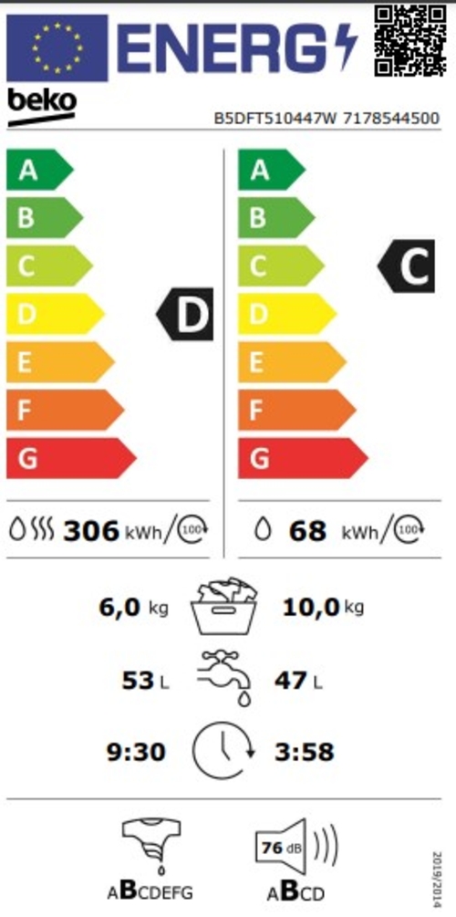 BEKO B5DFT-510447-W Blanco - Lavadora Secadora 10KG / 6KG 1400RPM