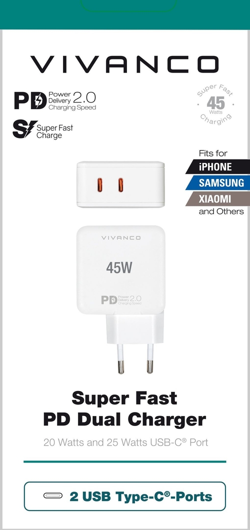 VIVANCO SF-USB-C2 Blanco - Cargador 20W+25W