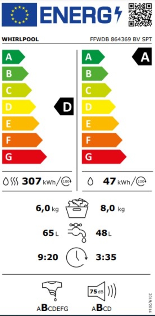 WHIRLPOOL FFWDB-864369-BV-SPT Blanco - Lavadora Secadora 8KG / 6KG 1400RPM