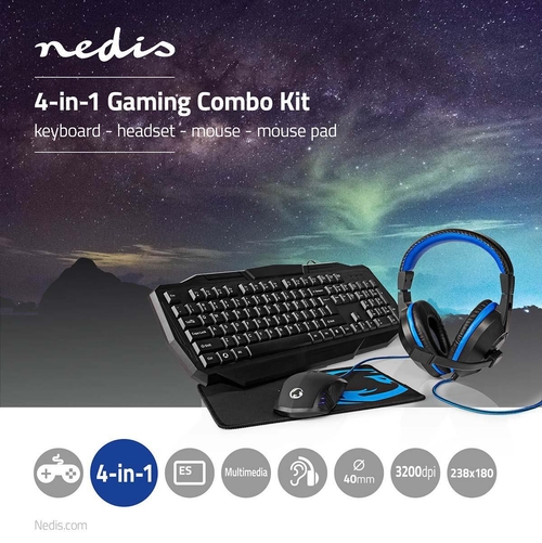 nedis TECLADO + AURICULARES + RATÓN + ALFOMBRILLA Azul-Negro - Pack Gaming 4 en 1