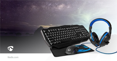 nedis TECLADO + AURICULARES + RATÓN + ALFOMBRILLA Azul-Negro - Pack Gaming 4 en 1