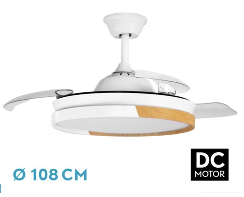 Abrila DC EMPERADOR 108CM Blanco-Haya - Ventilador de Techo Aspa Retráctil con Luz