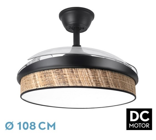 Abrila DC MODA 108CM Negro-Cañizo - Ventilador de Techo Aspa Retráctil con Luz