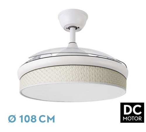 Abrila DC MODA 108CM  Blanco-Cañizo - Ventilador de Techo Aspa Retráctil con Luz