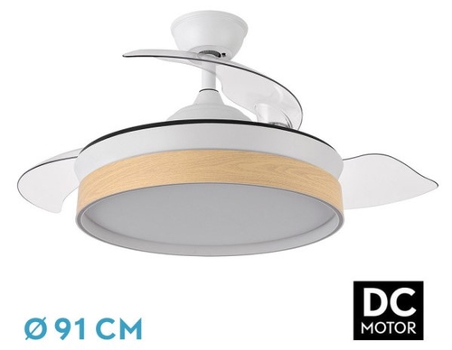 Abrila DC IGLU MINI 91CM Blanco-Haya - Ventilador de Techo Aspa Retráctil con Luz