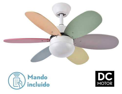 Abrila DC ALVES 85CM Pastel-Intenso - Ventilador de Techo Aspa Normal Reversible con Luz