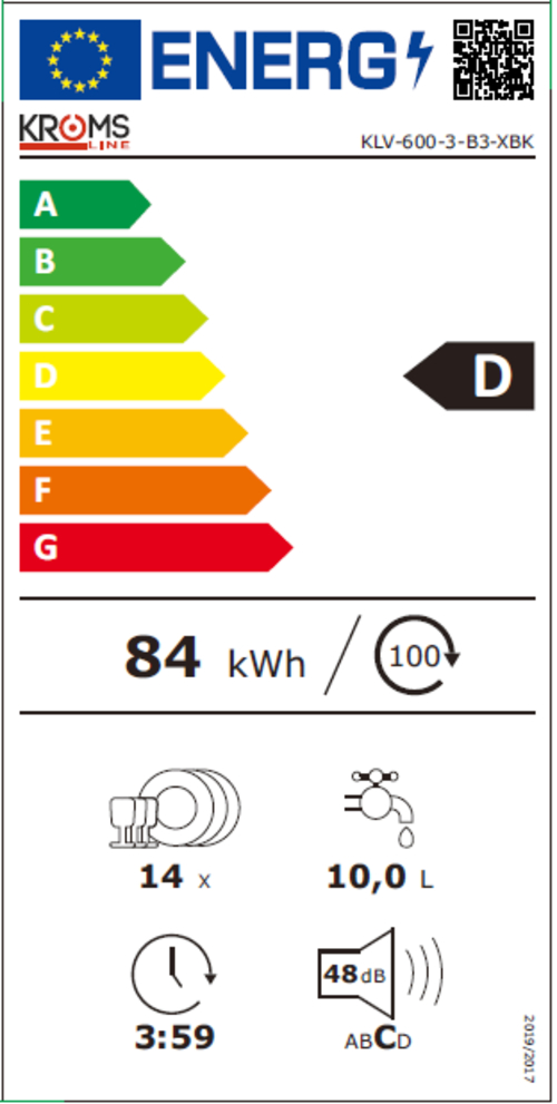 Lavavajillas 60CM KROMSLINE KLV-600-3-B3-XBK Blanco 14 Servicios