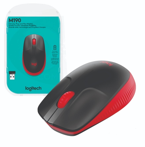 LOGITECH M190 Negro-Rojo - Ratón Inalámbrico