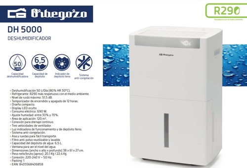 ORBEGOZO DH 5000 Blanco - Deshumidificador 50L