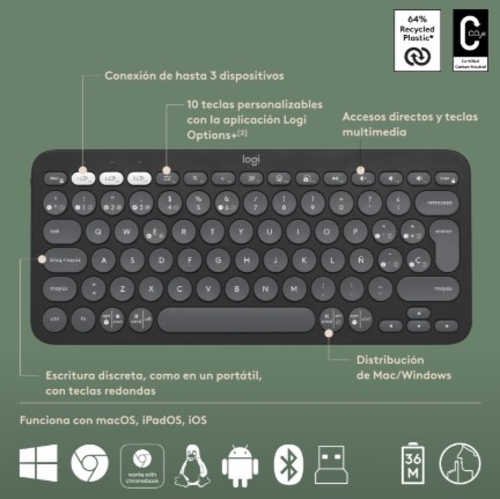 LOGITECH PEBBLE 2 TONAL Grafito - Teclado + Ratón