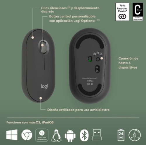 LOGITECH PEBBLE 2 TONAL Grafito - Teclado + Ratón