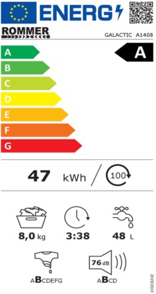 ROMMER GALACTIC A1408 Blanco - Lavadora Carga Frontal 8KG 1400RPM