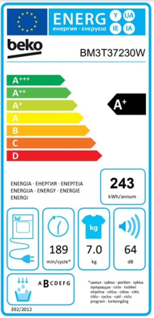 BEKO BM3T37230W Blanco-Negro - Secadora Bomba de Calor 7KG