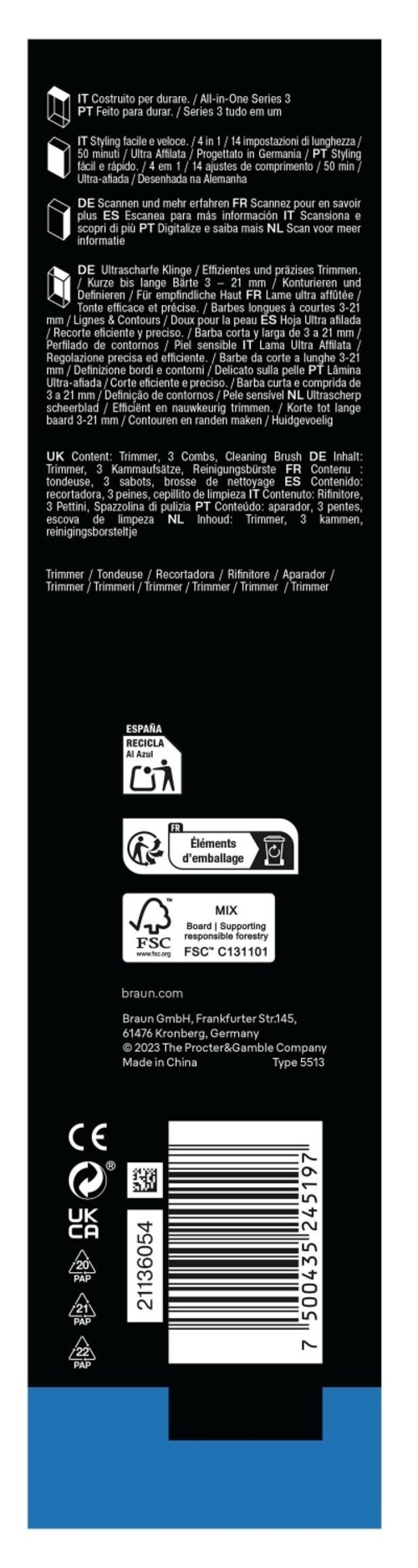 BRAUN MULTIGROMER AIO-3500 4 EN 1 Negro - Afeitadora Sin Cable